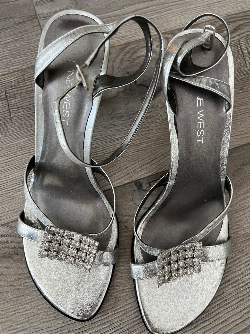 Nine West Silver Metallic Rhinestone Ankle-Strap Heels